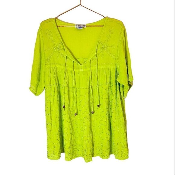 EUC Vintage Lime Green Boho Embroidered Tunic Top Free Size - Picture 1 of 4